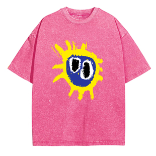 新款摇滚Primal Scream原始呼叫乐队玫红色水洗复古做旧男士短T恤