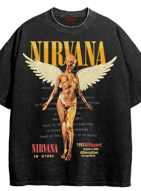 Nirvana乐队摇滚涅槃Cobain柯本直喷做旧水洗复古蜡染宽松T恤