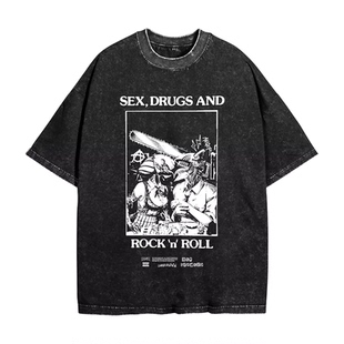 电锯人&sex，drugs and rock‘n' roll摇滚卡通联名水洗短袖男T恤