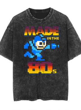 1987洛克人Rockman经典卡通动漫游戏做旧水洗美式复古蜡染短袖T恤