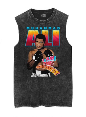 拳王阿里全击运动Muhammad Ali做旧水洗复古蜡染男士宽松无袖T恤