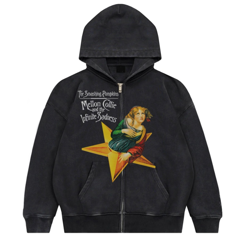 碎南瓜乐队水洗做旧连帽拉链外套