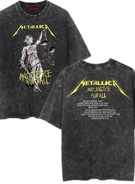 Metallica摇滚乐队重金属做旧水洗美式复古蜡染男士宽松短袖T恤