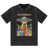 欧美暗黑插画趣味外星人美式 复古休闲水洗做旧versize高街宽松T恤