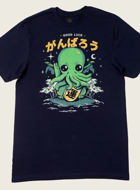 日系 GOOD LUCK CTHULHU 祝你好运印花经典外贸休闲宽松短袖T恤