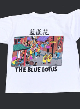 THE BLUE LOTUS 90'S蓝莲花漫画复古vintage年代感烟火画短袖T恤