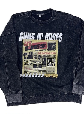 Guns N’ Roses枪花乐队Lies Repeat30Years做旧水洗蜡染圆领卫衣