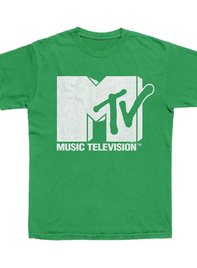 复古绿色短袖MTV LOGO音乐美式街头宽松oversize男女直喷纯棉T恤