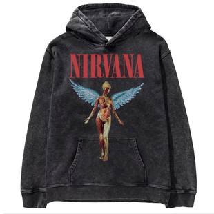 秋冬季NIRVANA涅槃摇滚美式复古做旧Vintage水洗蜡染长袖连帽卫衣