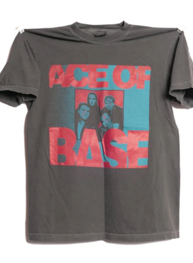 90年代Ace Of Base爱斯基地字母印花美式轻水洗做旧复古短袖T恤男