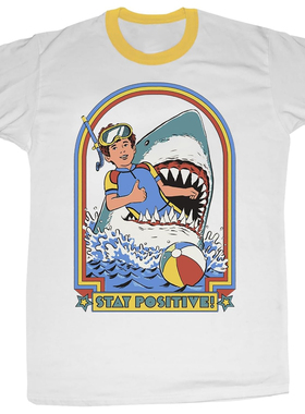 stay positive保持乐观 鲨鱼暗黑插画系列欧美潮牌红边T恤短袖男