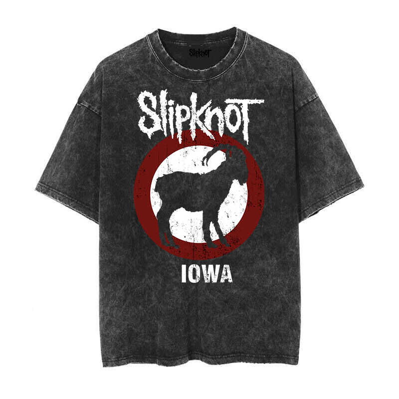 Slipknot 活结乐队小山羊朋克做旧水洗复古蜡染宽松男士短袖T恤