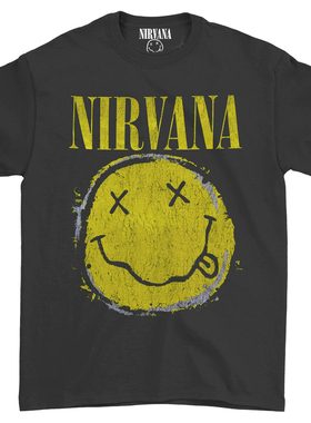 新款Nirvana涅槃乐队柯本摇滚Worn Out Smiley笑脸复古男士T恤