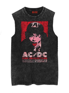 ACDC摇滚朋克做旧水洗复古蜡染宽松潮牌无袖T恤oversize背心t恤