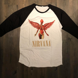 涅槃Nirvana乐队摇滚长袖T恤欧美宽松复古咔叽斜肩拼色T恤