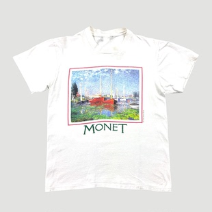 Monet莫奈油画欧美复古风小镇图案慵懒周末休闲美式短袖男纯棉T恤