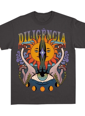 夏季Diligência勤勉美式复古太阳插画印花男女款宽松短袖纯棉T恤