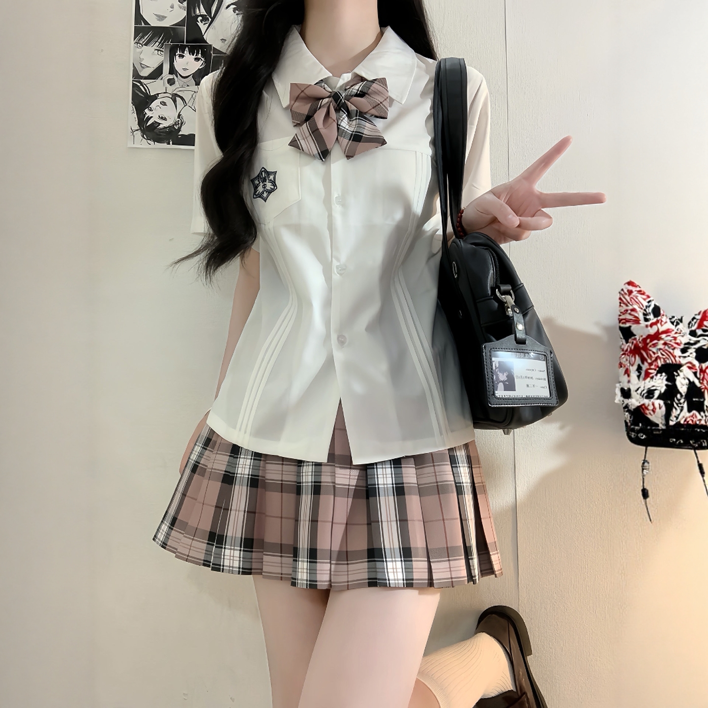 原创jk制服短袖衬衫上衣夏季学院风校供宽松白色刺绣衬衣短裙套装