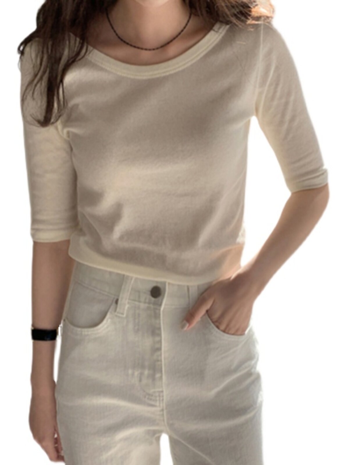 THE NEW KOREAN OPEN-BACK T-SHIRT WOMENS 2024 SUMMER BASE LAYER IS DESIGNED A WHITE FIVE-QUARTER SLEEVE TRIM TOP