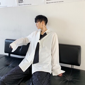 韩版宽松休闲黑白领带飘带西服领垂感男长袖衬衣潮A345-1139-P75图片