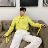 原创男装蝴蝶结袖口飘带明黄色纯棉长袖衬衣A345-1057-P75，男装衬衫，电商A345