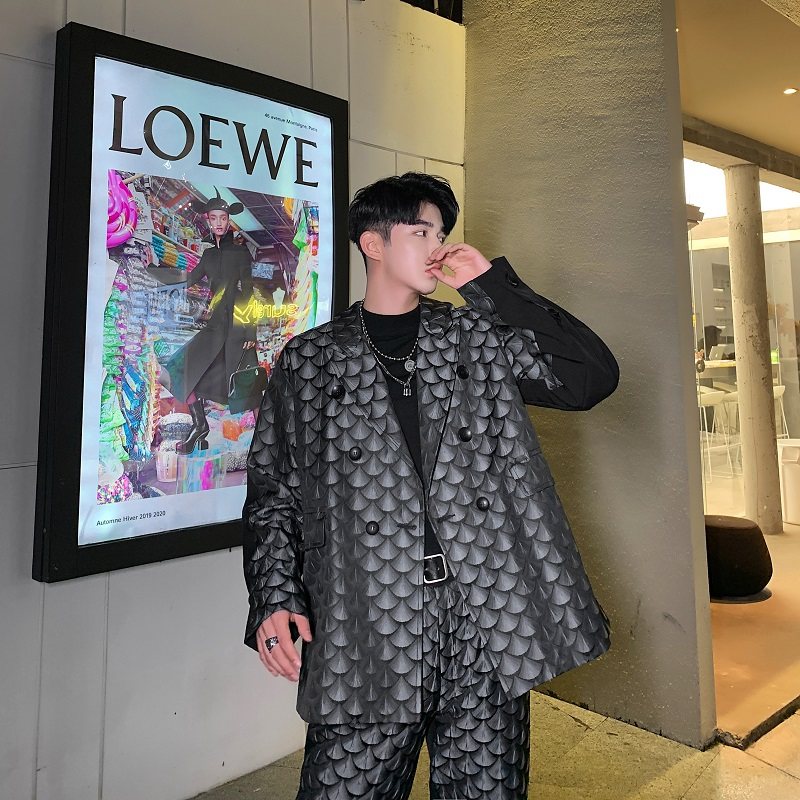 秋季新款男士休闲西服贝壳印花双排扣撞色外套潮A345-1152-P135图片