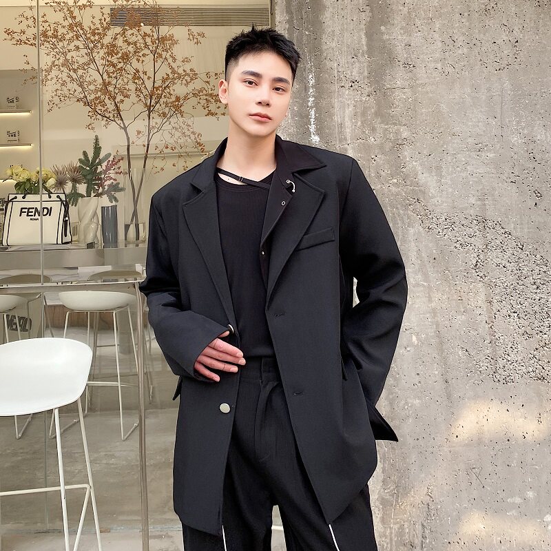 新款假二件套不对称金属环休闲复古长袖西服男春秋A345-1870-P135,男装西服,电商A345