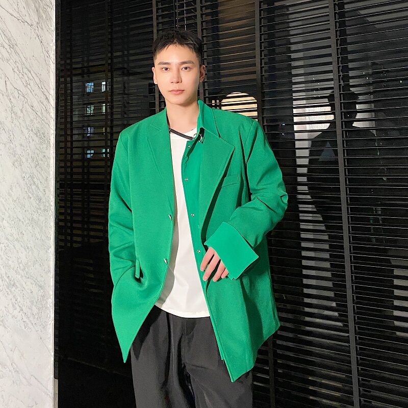 新款假二件不对称金属环休闲复古长袖西服男春秋A345-1870-P135图片
