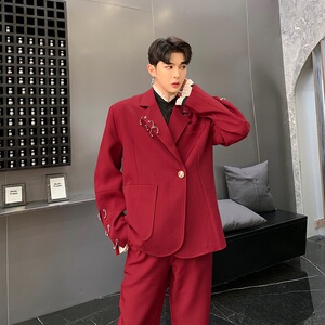 秋冬复古个性设计铁环装饰酒红色西服上衣男A345-1030-P135图片