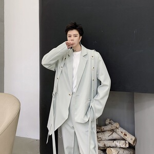 浅灰色不对称单排扣中性复古绑带男女同款西服上衣A345-129-P135图片