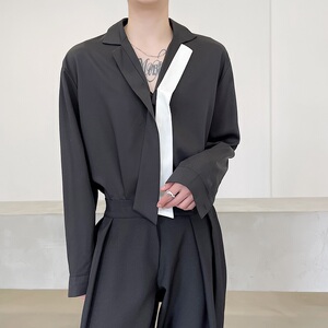 韩版宽松休闲黑白领带飘带西服领垂感长袖衬衣潮男A345-1139-P75图片