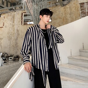 个性复古条纹字母修饰宽松衬衣袖口飘带设计男上衣A345-1122-P75图片