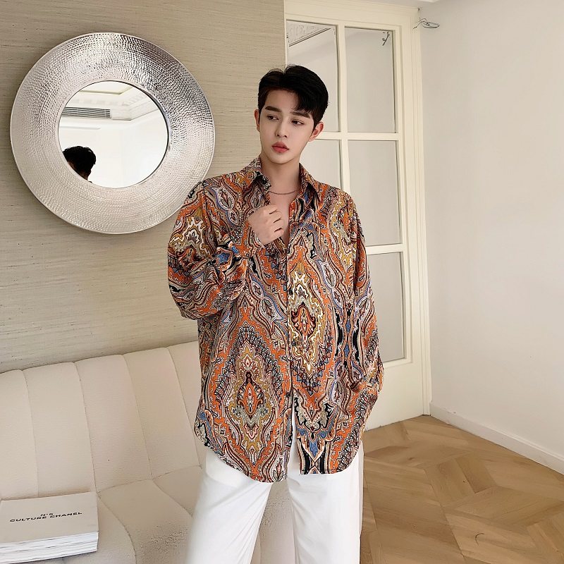 欧美男装2025春夏民族风图腾印花小众设计感衬衫A345-1188-P75，男装民族服装，电商A345