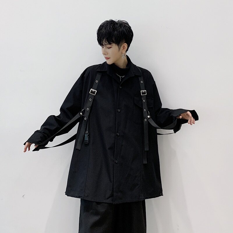 秋季韩版暗黑绑带机能衬衣宽松复古长袖衬衫男女潮A345-1162-P90,男装衬衫,电商A345