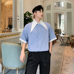 2025新款个性撞色领蓝色短袖衬衣韩版上衣男A345-1095-P65图片