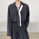 韩版宽松休闲黑白领带飘带西服领垂感长袖衬衣潮男A345-1139-P75，男装西服，电商A345