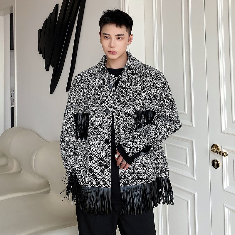 个性格子外套男2025秋新款休闲小香风流苏长袖夹克A345-1838-P125图片