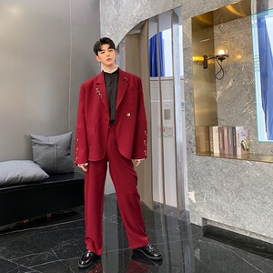 秋冬复古个性设计铁环装饰酒红色西服上衣男A345-1030-P135