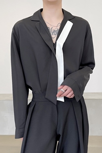 韩版宽松休闲黑白领带飘带西服领垂感长袖衬衣潮男A345-1139-P75图片