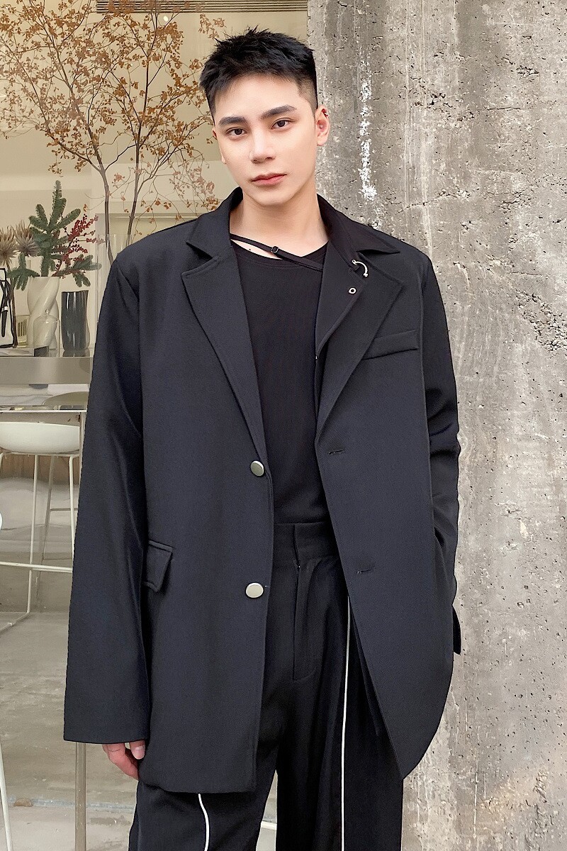 新款假二件套不对称金属环休闲复古长袖西服男春秋A345-1870-P135,男装西服,电商A345