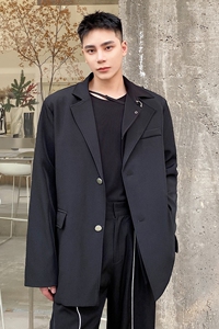 新款假二件套不对称金属环休闲复古长袖西服男春秋A345-1870-P135图片