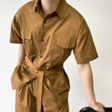 2025年夏季方领短袖衬衣短裤套装腰带束腰男韩版A345-1917-P85，男装牛仔裤，电商A345