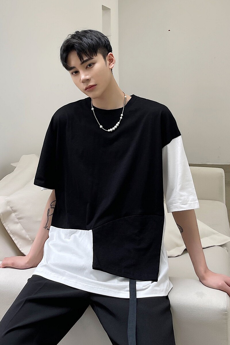 夏季黑暗个性黑白撞色不规则拼接休闲短袖男潮A345-1802-P55,男装T恤,电商A345