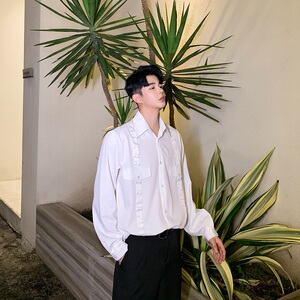 口袋织带装饰长袖衬衫男宽松休闲衬衣开衫打底衫A345-1150-P75图片