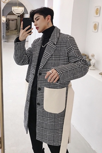 秋冬拼色长款毛呢大衣男千鸟格子呢大衣外套Ａ345-1013-P150图片