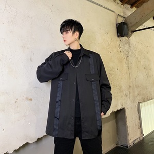 秋装新款个性气质口袋织带宽松长袖衬衣男A345-1150-P75图片