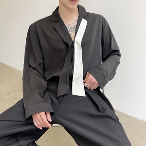 韩版宽松休闲黑白领带飘带西服领垂感长袖衬衣潮男A345-1139-P75图片