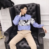 2019个性气质印花衬衣兰竖条文艺范男衬衫A345-1007-P75，男装衬衫，电商A345