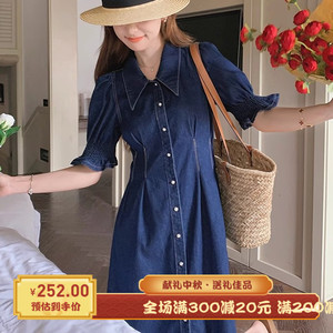 法式小清新不挑人牛仔蓝夏季连衣裙通勤单排纽扣超值爆款
