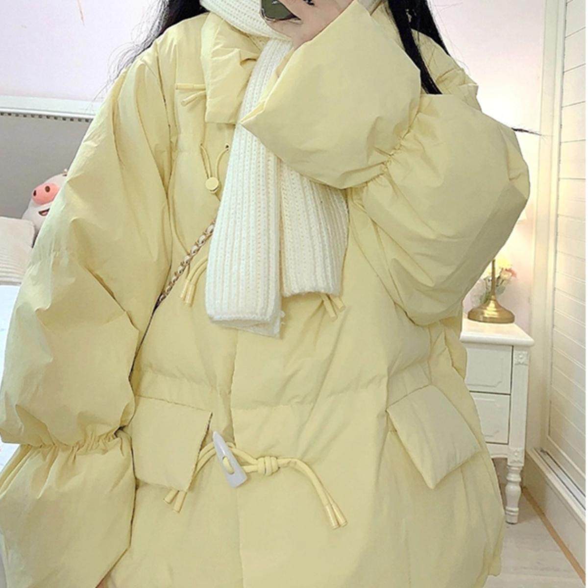 棉服女2024年新款冬季加厚牛角扣面包服潮奶黄色保暖韩系棉衣外套